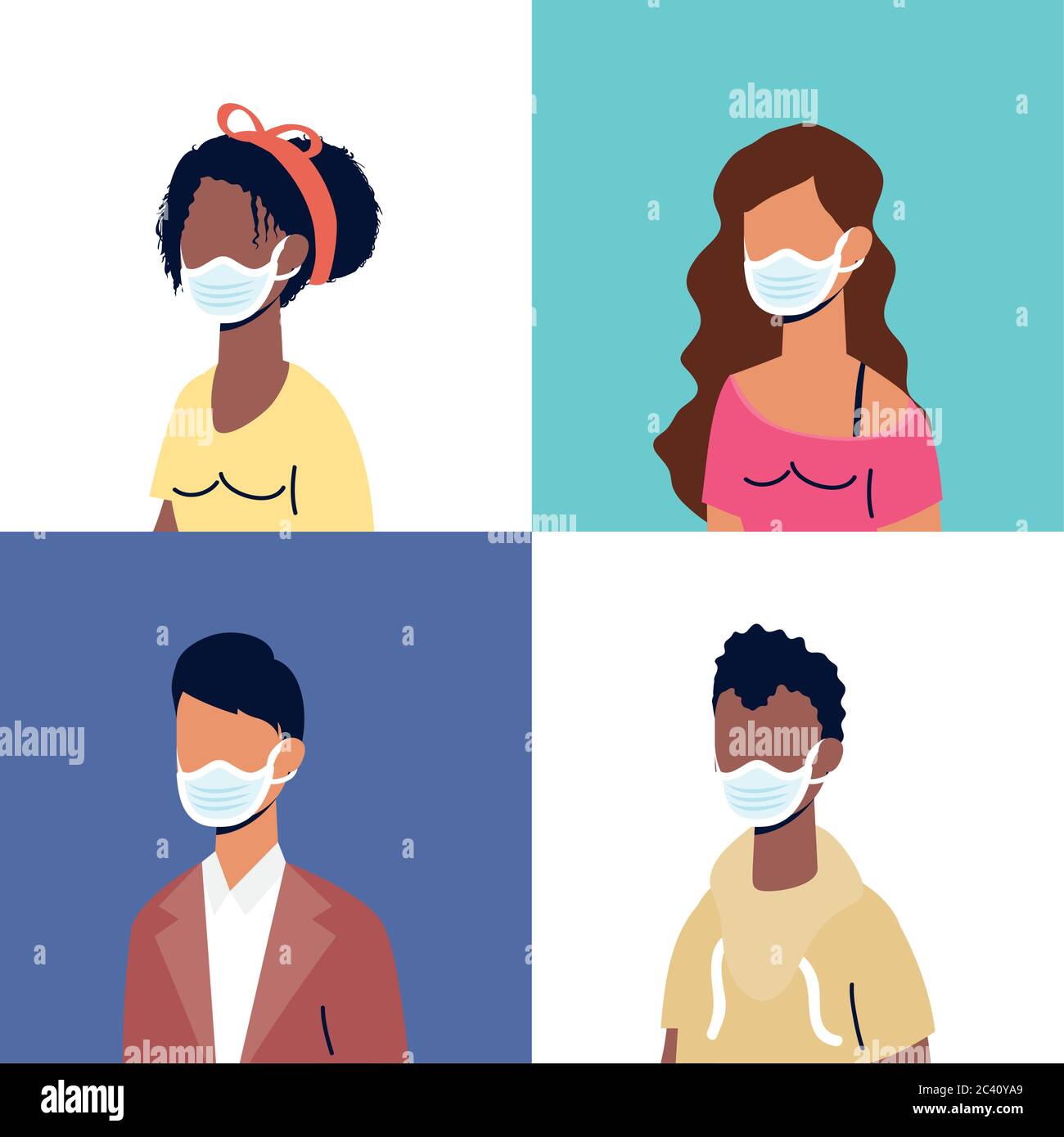 group of diversity people wearing medical masks characters vector ...