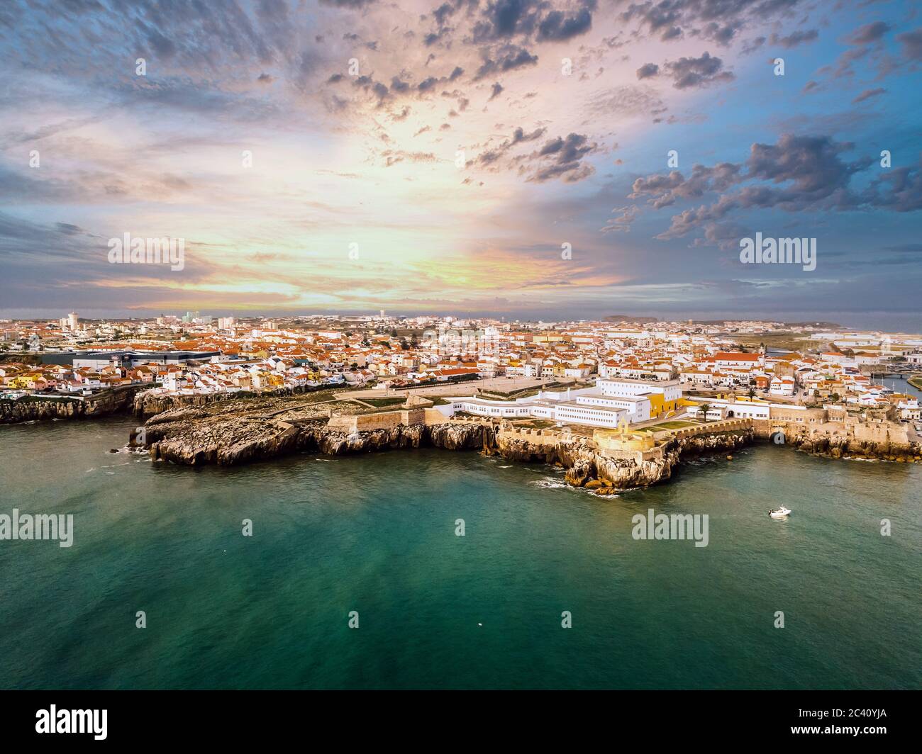 Aerial view of Peniche with the fortress - all at peninsula with hight cliffs, Portugal Stock Photo