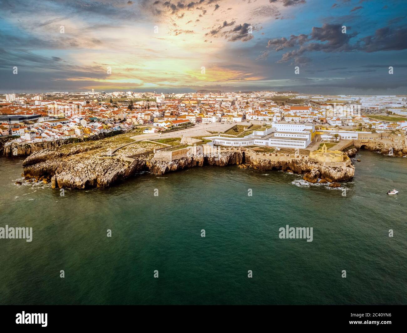 Aerial view of Peniche with the fortress - all at peninsula with hight cliffs, Portugal Stock Photo