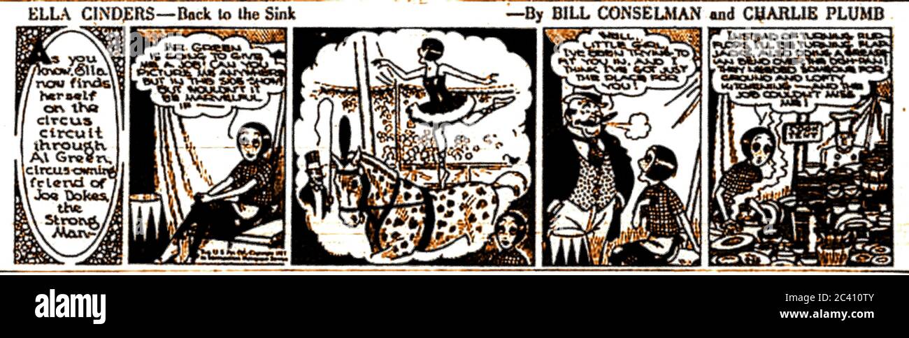 Comic strip Ella Cinders from the Victoria Daily Times 8th March 1927  - The American syndicated comic strip was created by writer Bill Conselman and drawn by artist Charles Plumb, though it is said ghost writers Fred Fox and Roger Armstrong of Scamp magazine acted as ghost writers at times.   It was distributed for most of its life by United Feature Syndicate, launched    daily version on June 1, 1925, and on Sundays from 1927 years later. It was discontinued on December 2, 1961. Ella Cinders derived her name from   Cinderella. Stock Photo