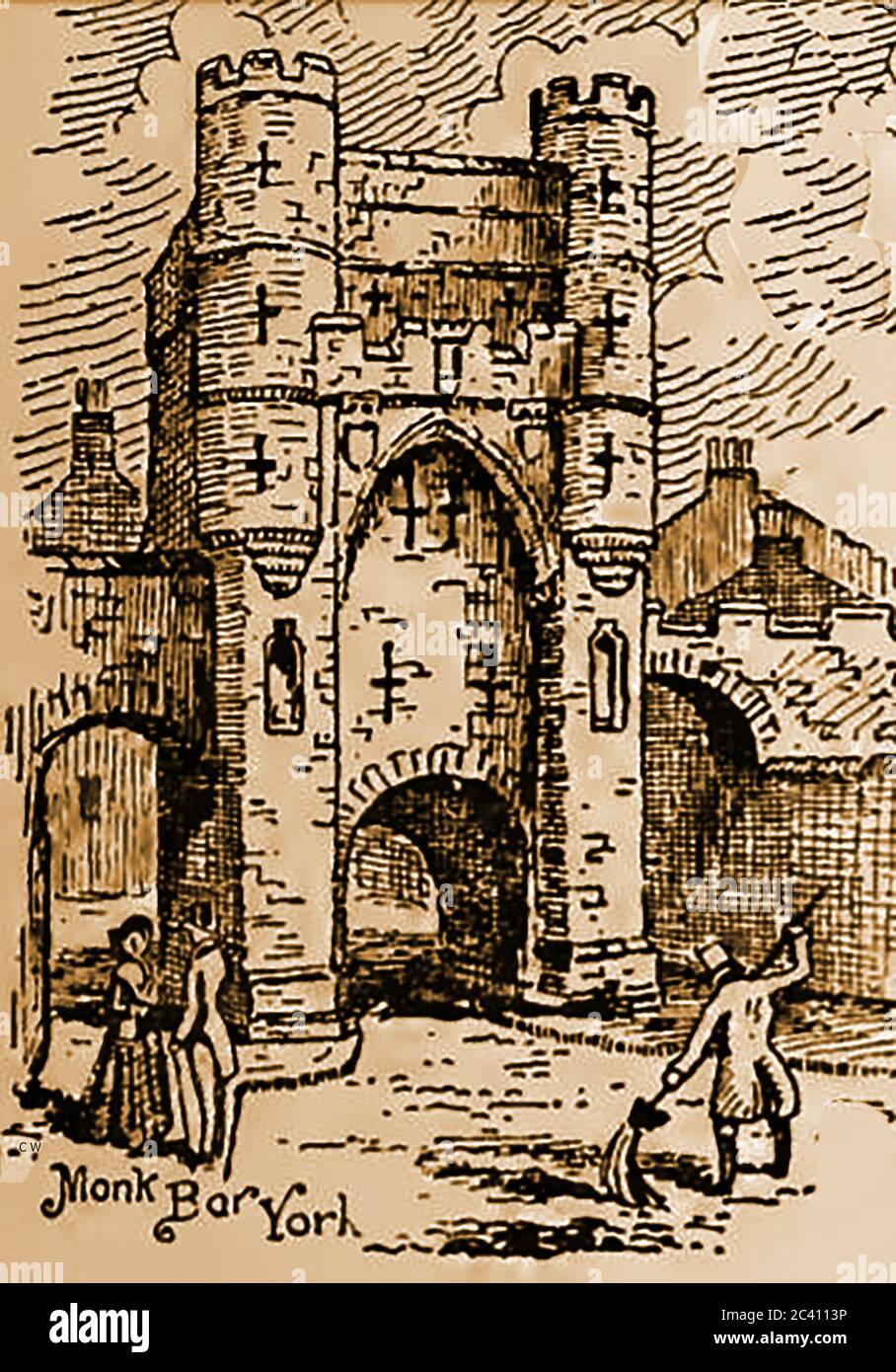 An unusual old engraving showing a Victorian street cleaner  in a top hat at Monks Bar, part of the ancient city walls in  York, England. Monk Bar is one of four ancient major fortified gateways in the city walls. From the 14th century it was built in several stages,   when the threat from an invasion from Scotland was very real.   Its top storey was added in 1484 during the reign of Richard III. Stock Photo