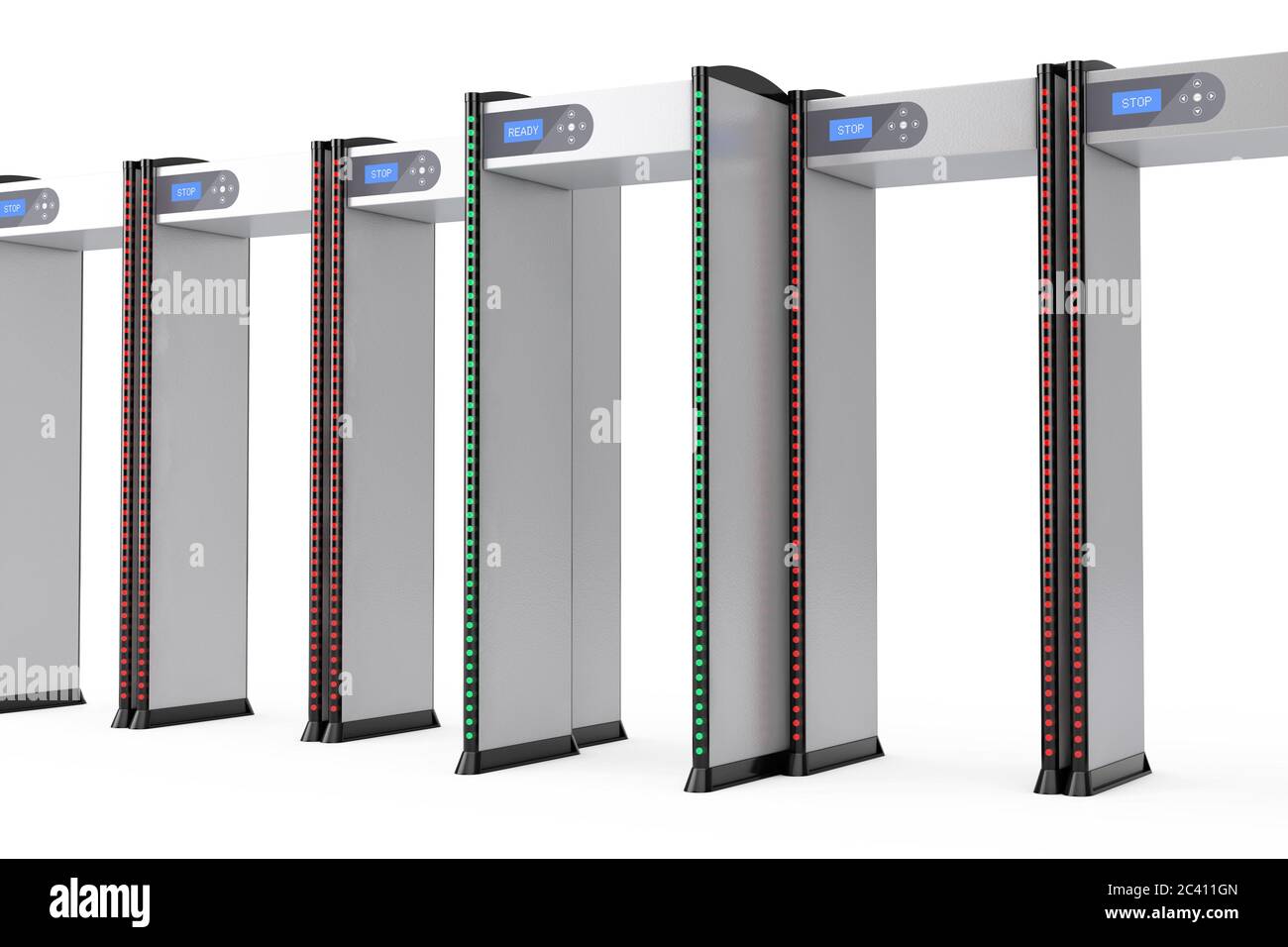 Row of Safe Security Walkthrough Gates With Metal Detectors on a white background. 3d Rendering