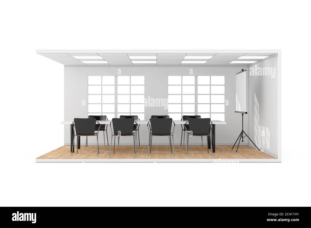 Business Meeting Room Interior with Large Window, Projection Screen, Table, Chairs and Wooden Parquet Floor on a white background. 3d Rendering Stock Photo