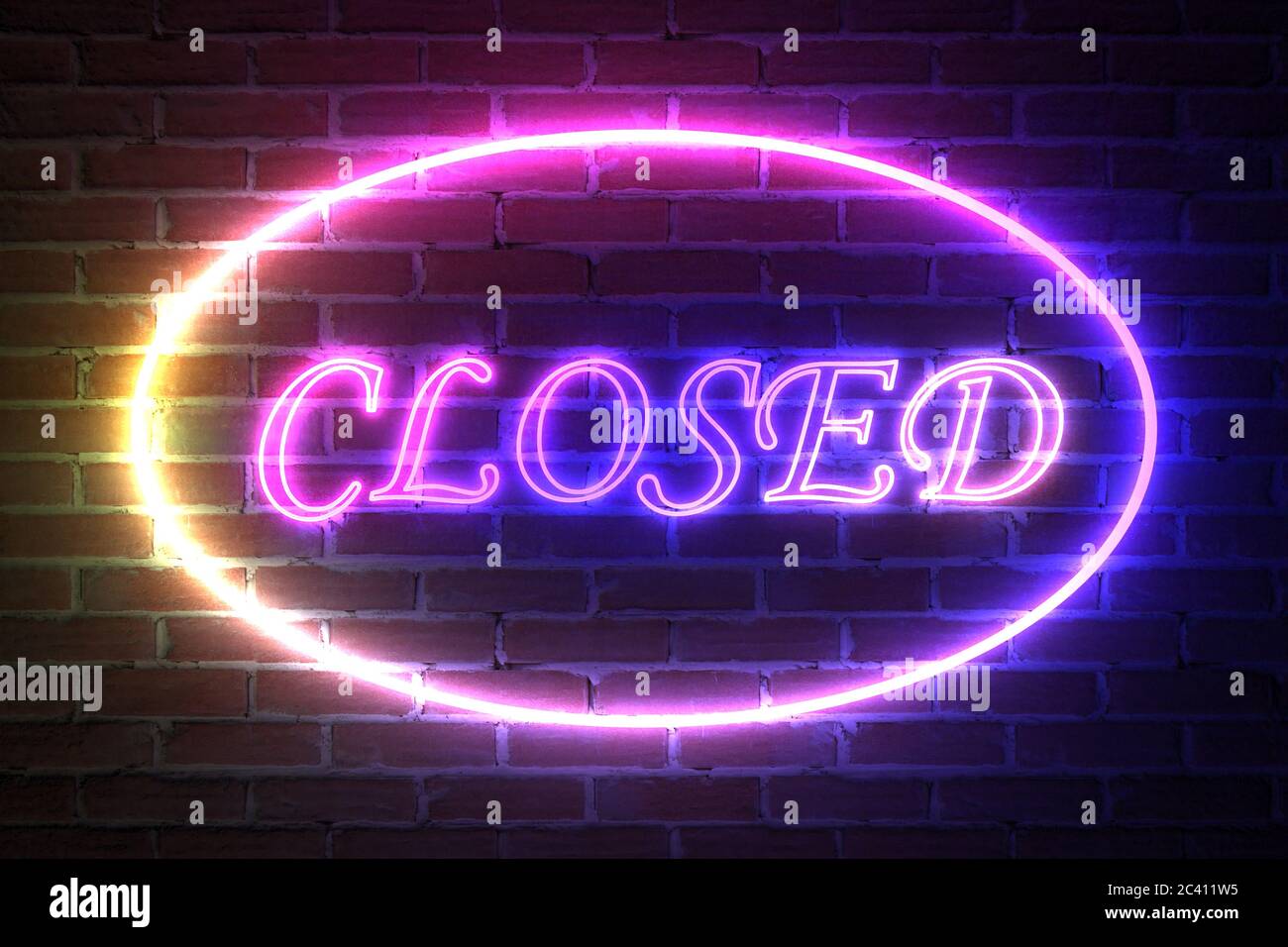 Ellipse Neon Light Frame with Closed Sign in front of brick wall. 3d Rendering Stock Photo