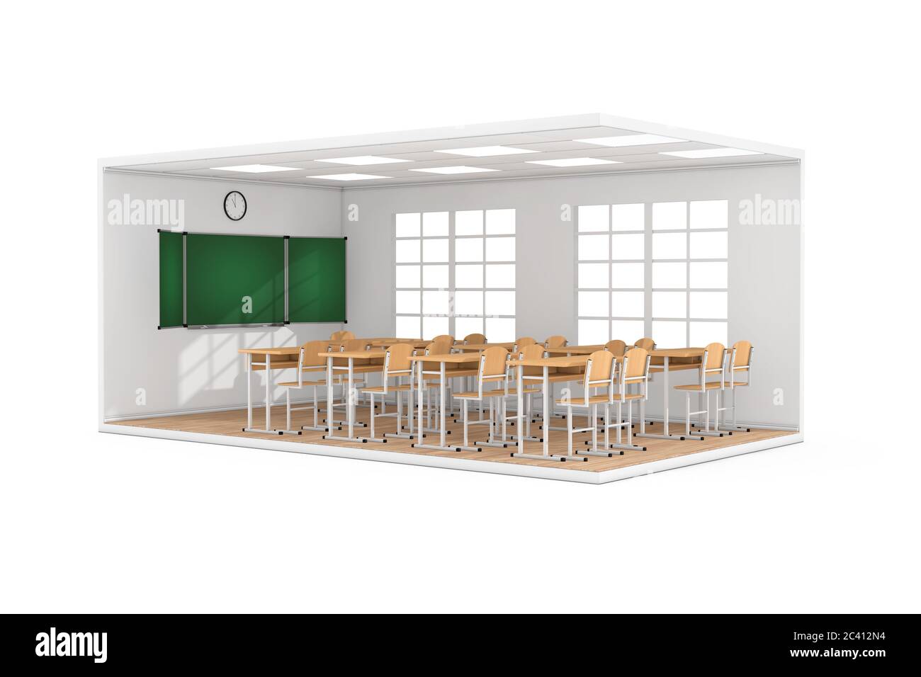 School Classroom Interior with Large Window, School Desks, Chairs, Blackboard and Wooden Parquet Floor on a white background. 3d Rendering Stock Photo