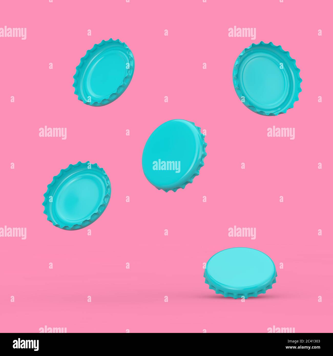 Blue Beer Bottle Caps in Duotone Style Fall Down on a pink background