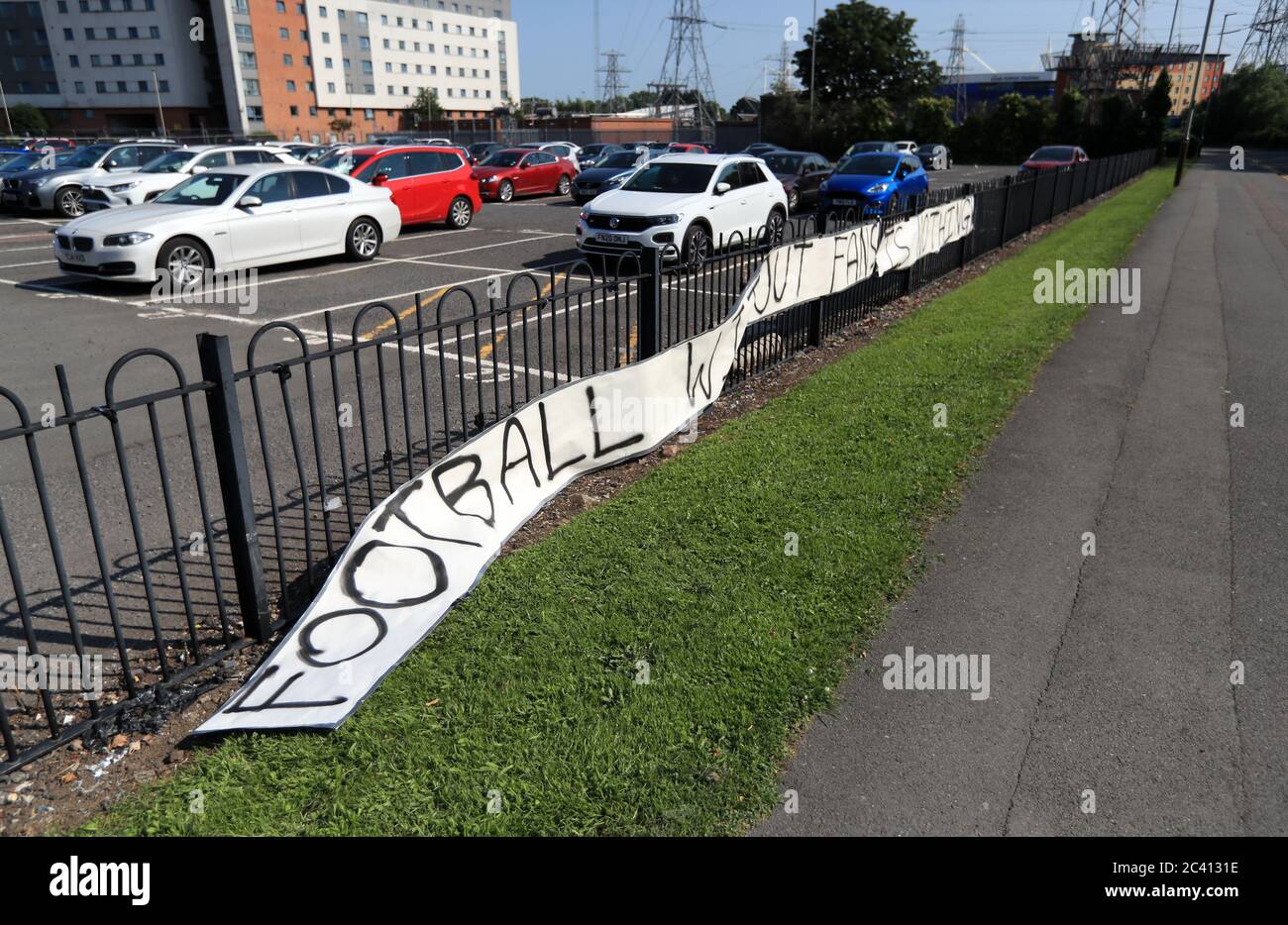 A banner saying 'Football without fans is nothing' outside the the King Power Stadium as Leicester City host Brighton & Hove Albion in the Premier League match. Stock Photo