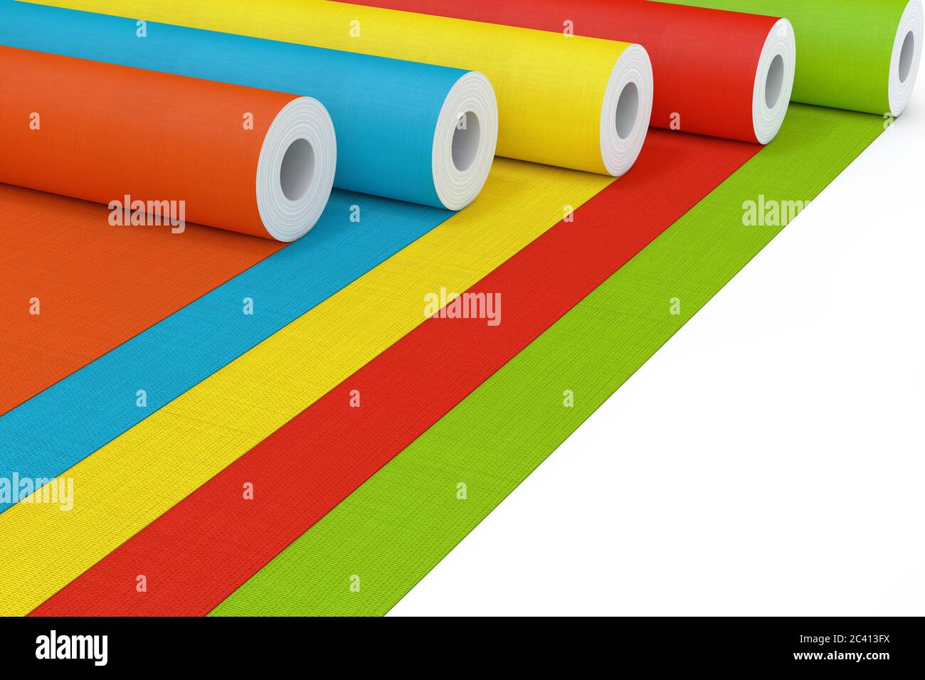 Row of Multicolour Paperhanging Wallpaper Paper Rolls on a white background. 3d Rendering Stock Photo