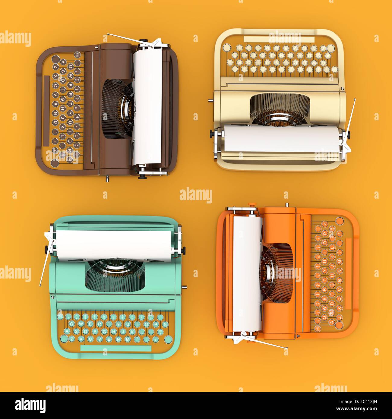 Top View of Multicoloured Old Vintage Retro Typewriters on a yellow background. 3d Rendering Stock Photo