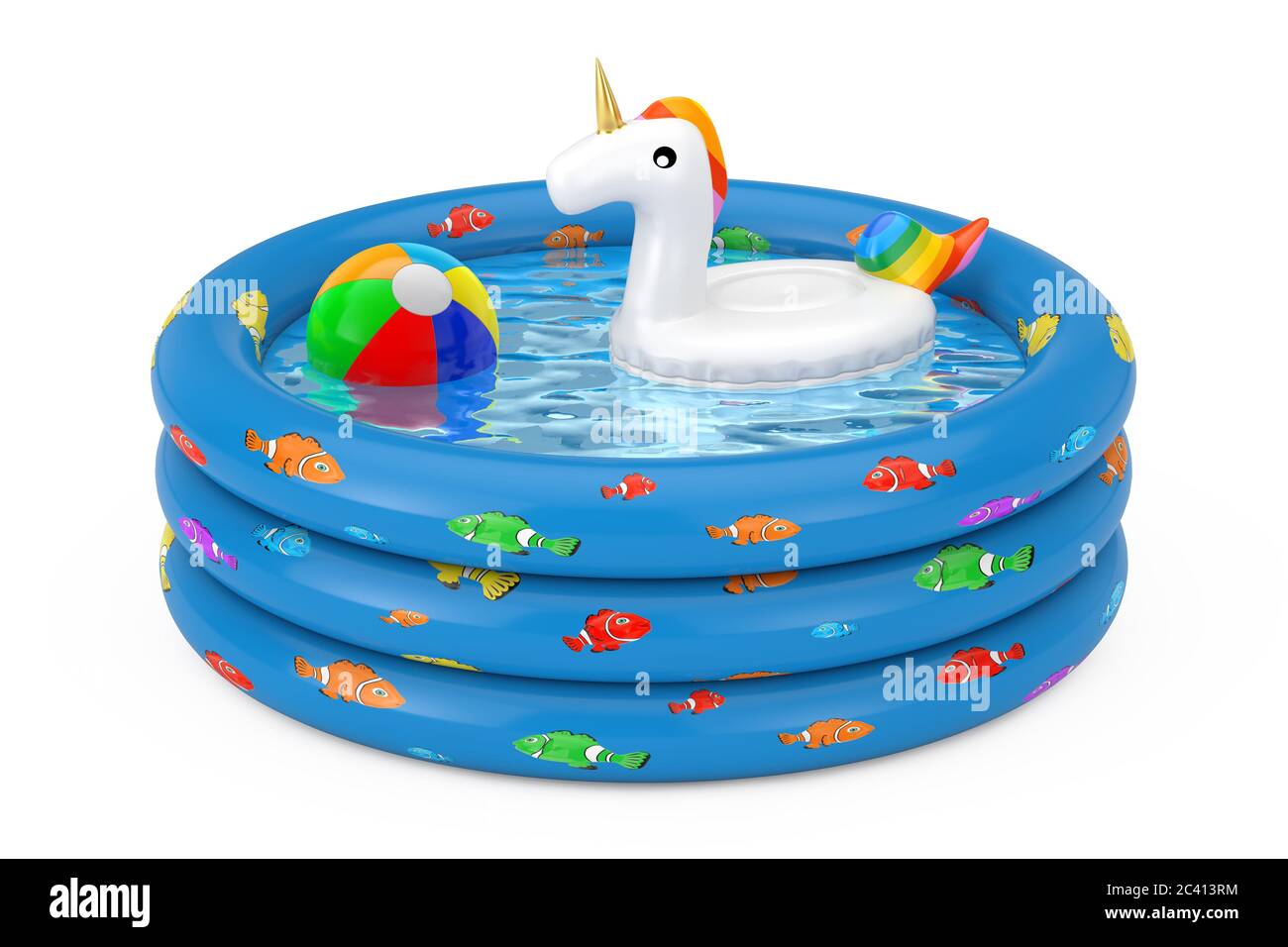 Funny Inflatable Unicorn Ring for Summer Pool in Blue Rubber Inflatable Childrens Pool on a white background. 3d Rendering Stock Photo