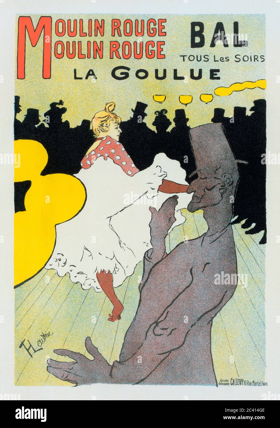 La Goulue and Valentin la Desossee dancing at the Moulin Rouge.   1891 poster by Henri de Toulouse-Lautrec.  Henri de Toulouse-Lautrec, French artist, 1864-1901.  La Goulue was the stage name of Moulin Rouge dancer Louise Weber.  Valentin la Desossee was the stage name of Jaques Renaudin who it is thought held down a full-time day job but danced at the Moulin Rouge at night. Stock Photo