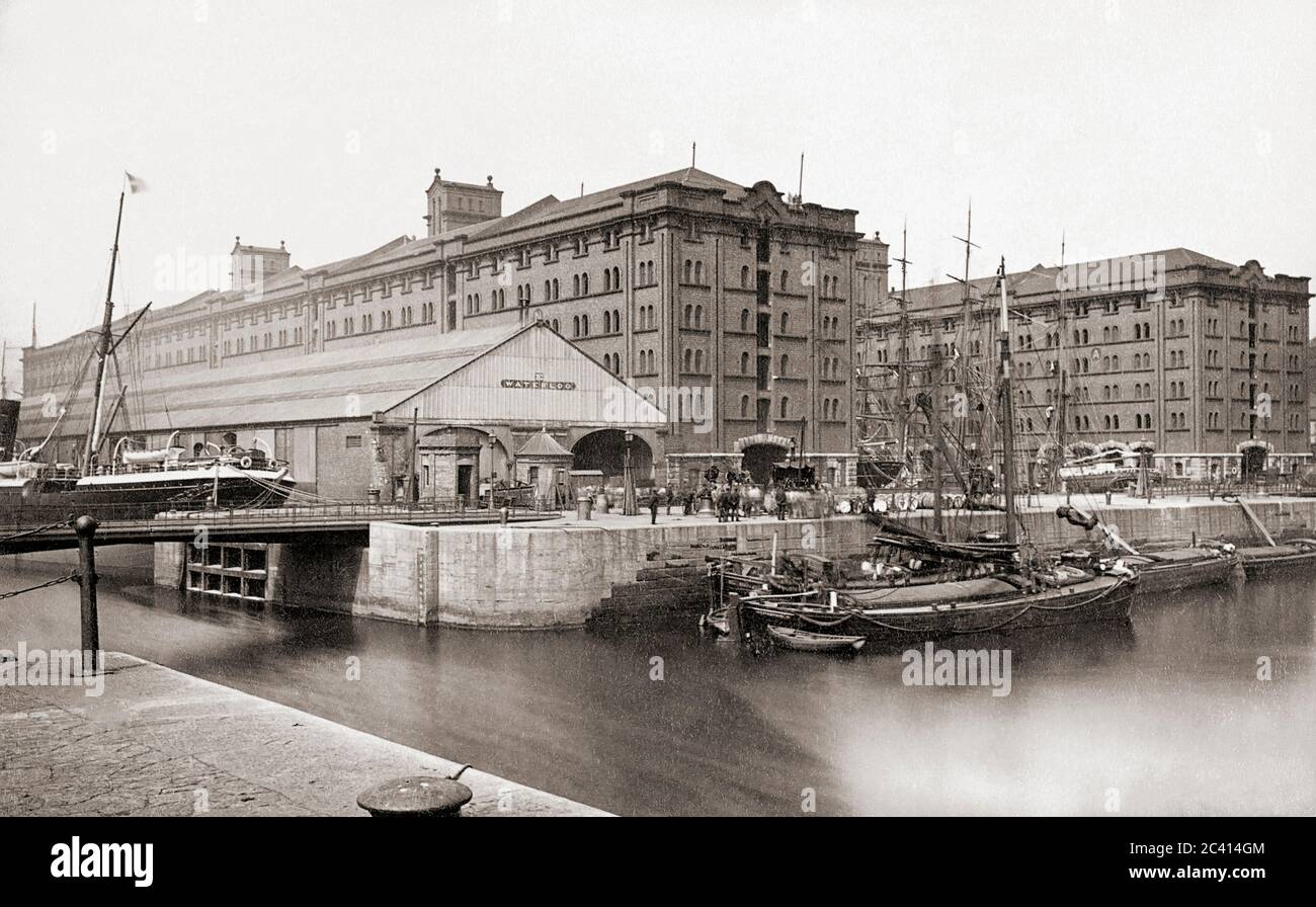 Waterloo Dock on the River Mersey, Liverpool, England showing the Waterloo warehouses in the late 19th century.  After a work by an unknown photographer, possibly Francis Frith or one of his employees. Stock Photo
