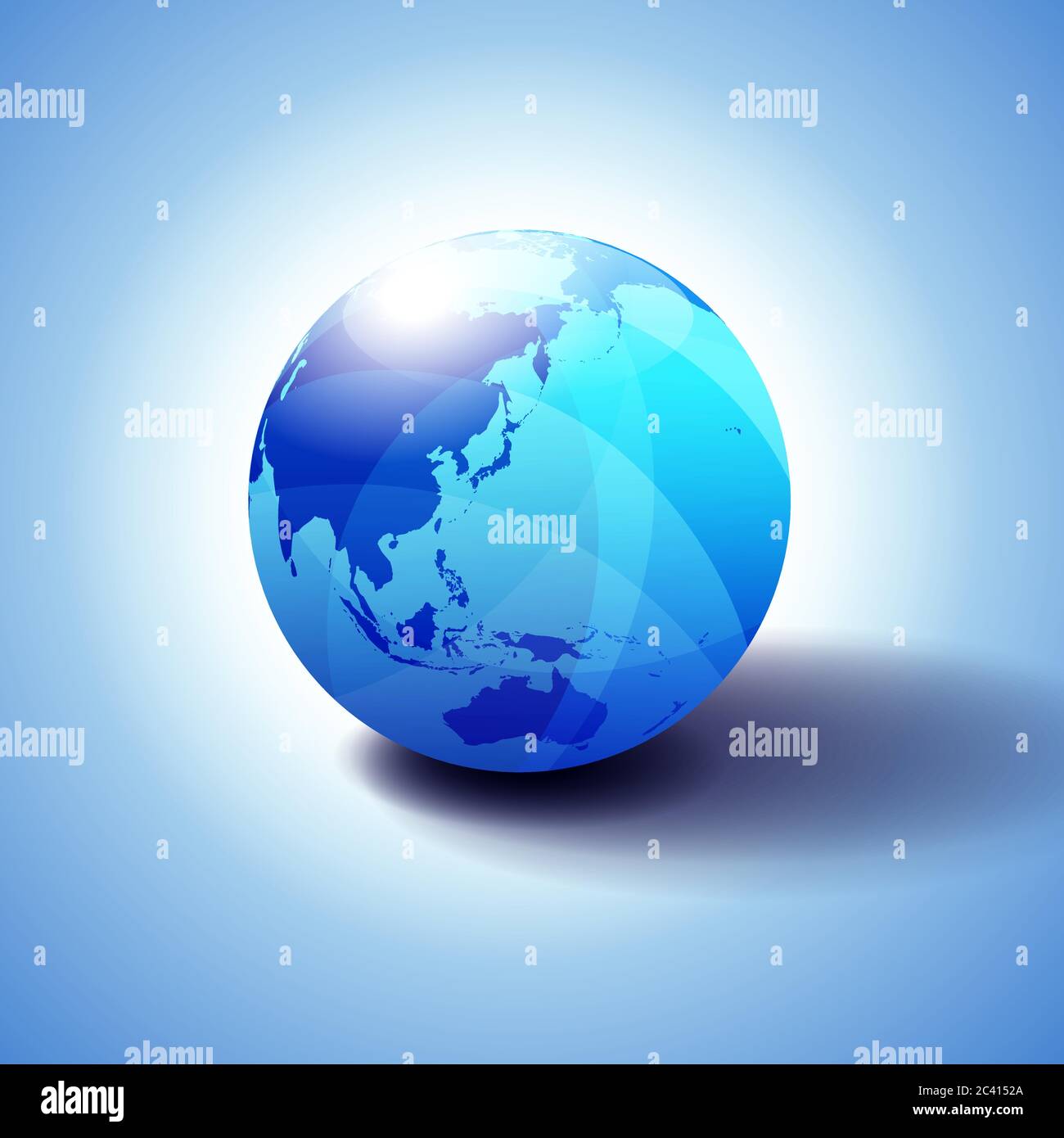 China, Japan, Malaysia, Thailand, Indonesia, Australia, Asia, Globe Icon 3D illustration, Glossy, Shiny Sphere with Global Map in Subtle Blues giving Stock Vector