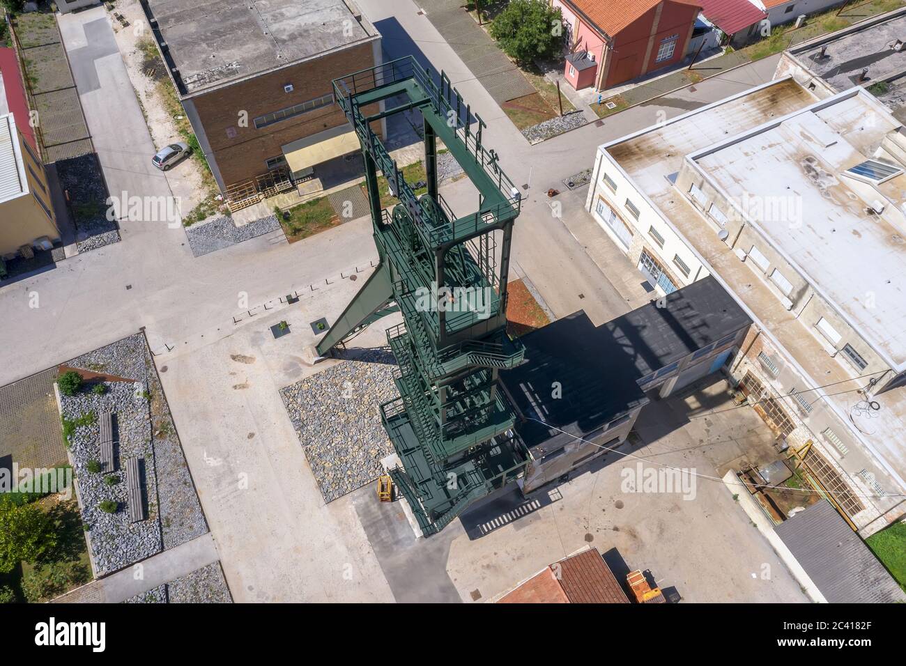 LABIN, CROATIA - JUNY 6, 2020: Renovated old mining tower called Šoht built 1938, aerial  view Stock Photo