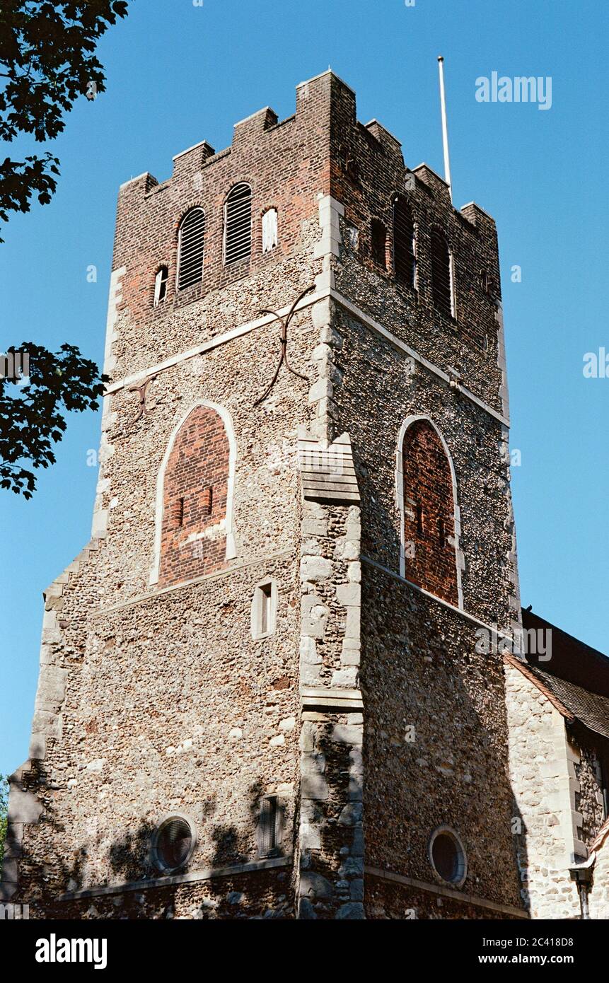 The medieval church tower of All Hallows, Tottenham, North London UK Stock Photo