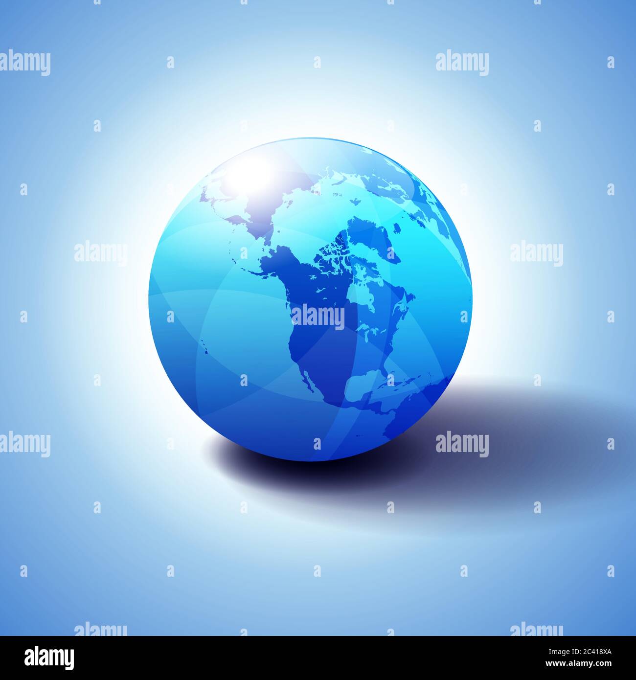 Canada, North America, Siberia and Japan Global World, Globe Icon 3D illustration, Glossy, Shiny Sphere with Global Map in Subtle Blues giving a trans Stock Vector