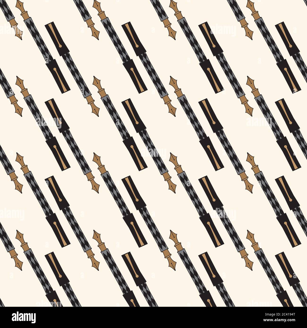 Fountain pens on diagonal stripe with cream colored background, seamless vector repeat surface design Stock Vector