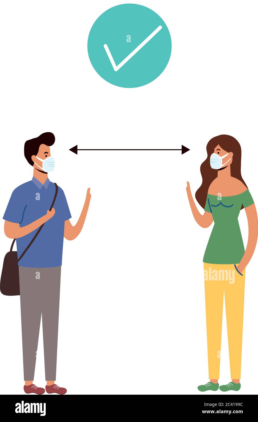 Social distancing between man and woman with masks design of Covid 19 ...