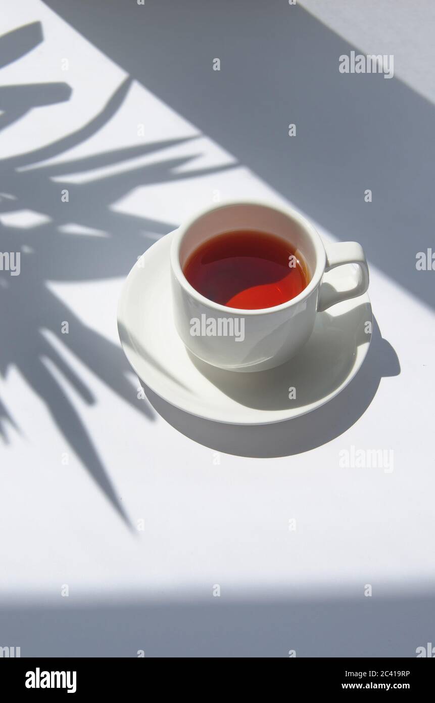 White cup of white tea in the morning with palm tree shadow and blurry