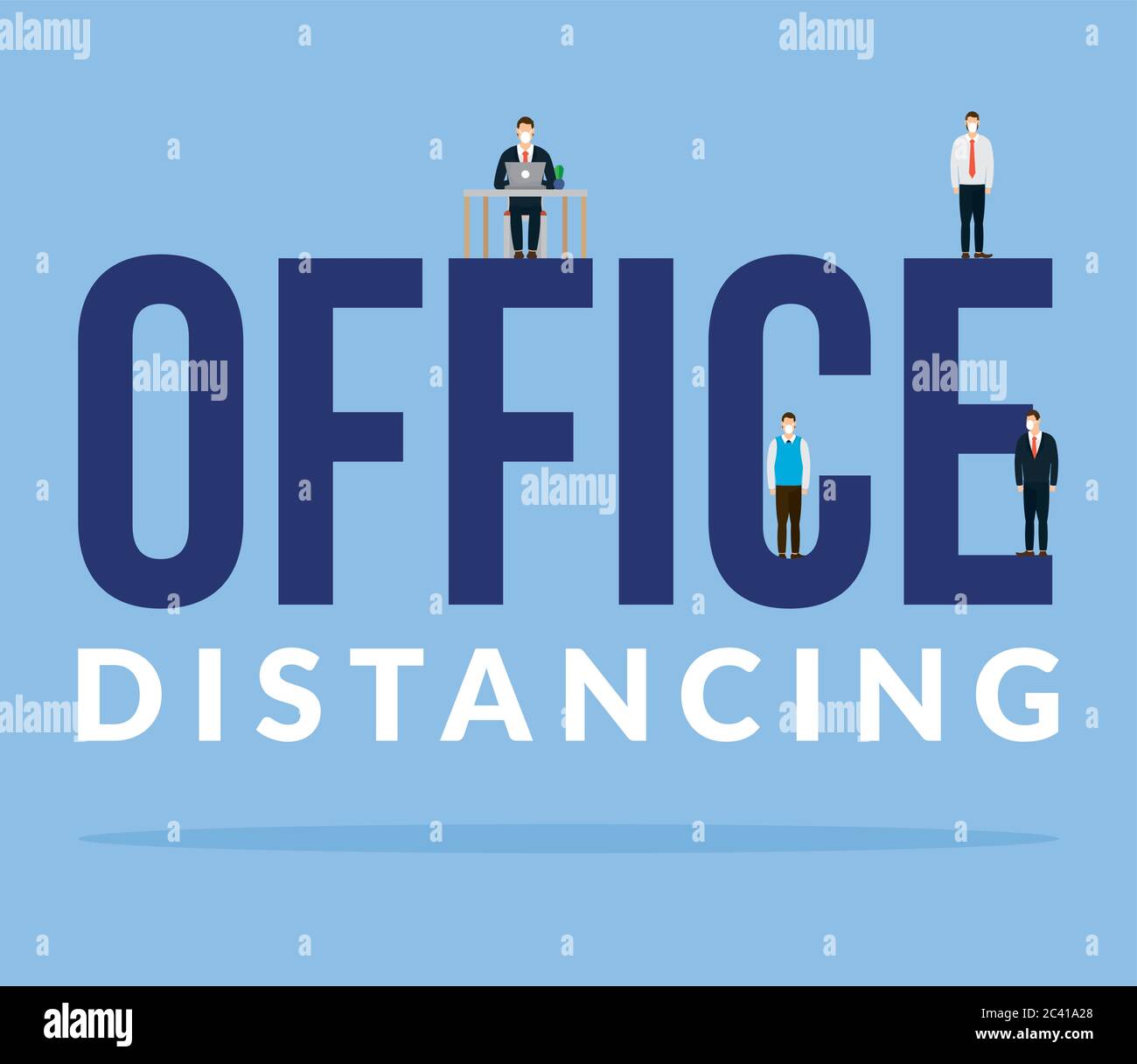 Office distancing between men with masks and desk design of Covid 19 ...