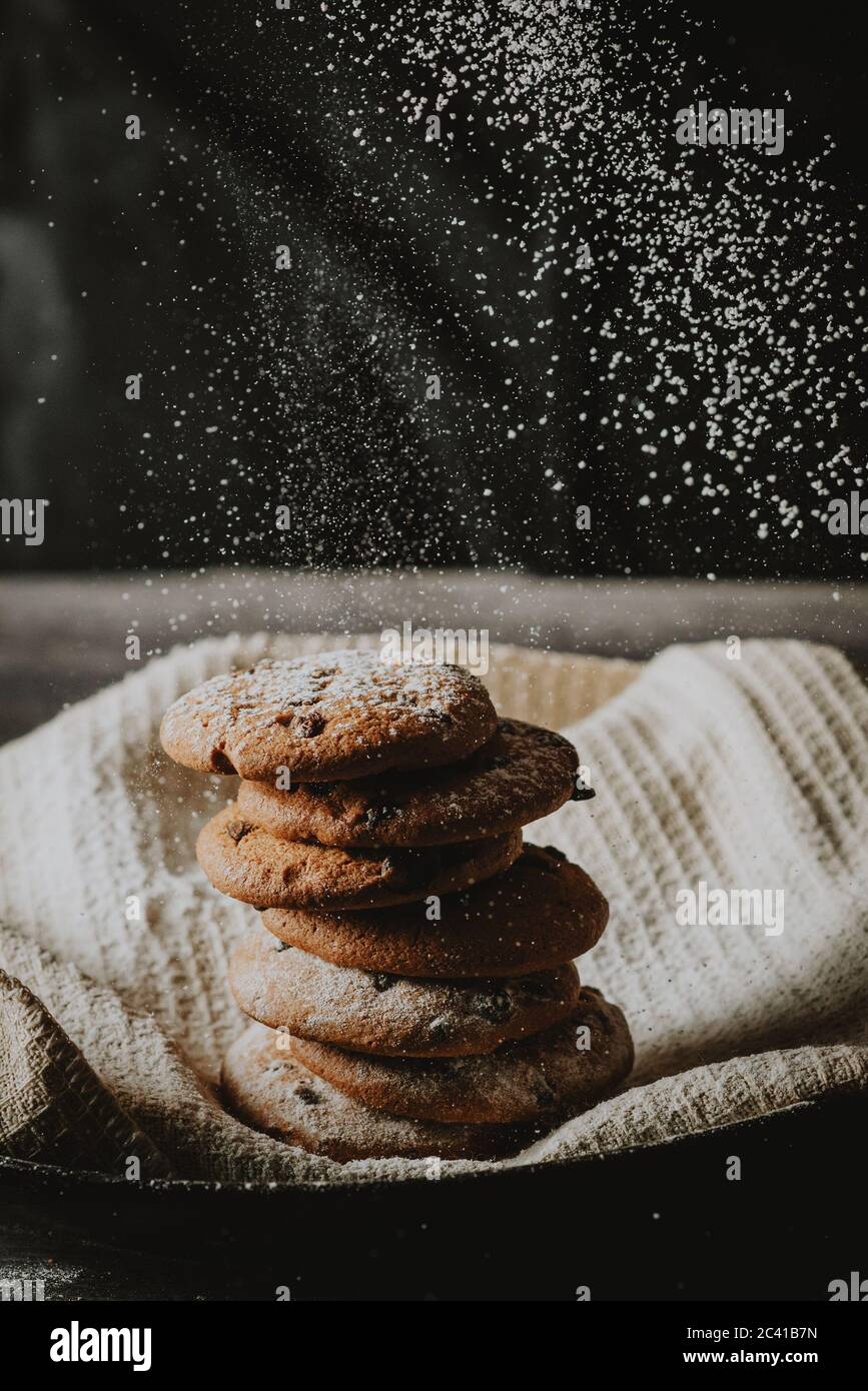 chocolate chip cookies dark food photography Stock Photo - Alamy, image size:867x1390