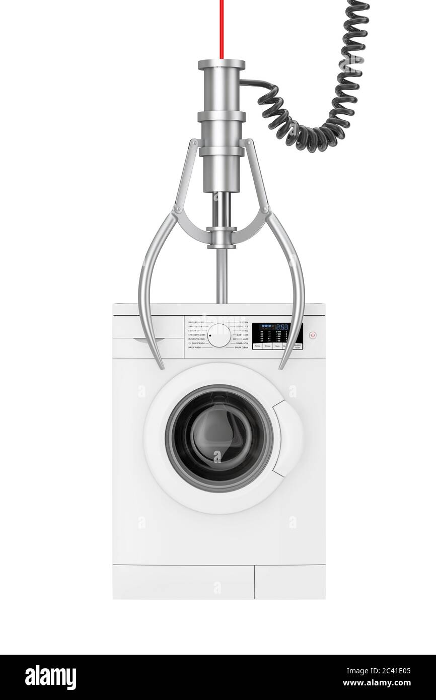 Winner Concept. Modern White Washing Machine in Chrome Robotic Claw on a white background. 3d Rendering Stock Photo
