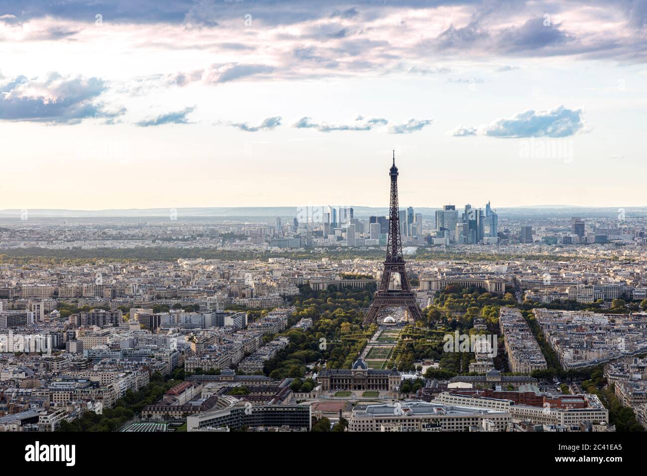 Overhead view of Eiffel Tower with the financial district - La Defense, beyond, Paris, Ile-de-France, France Stock Photo