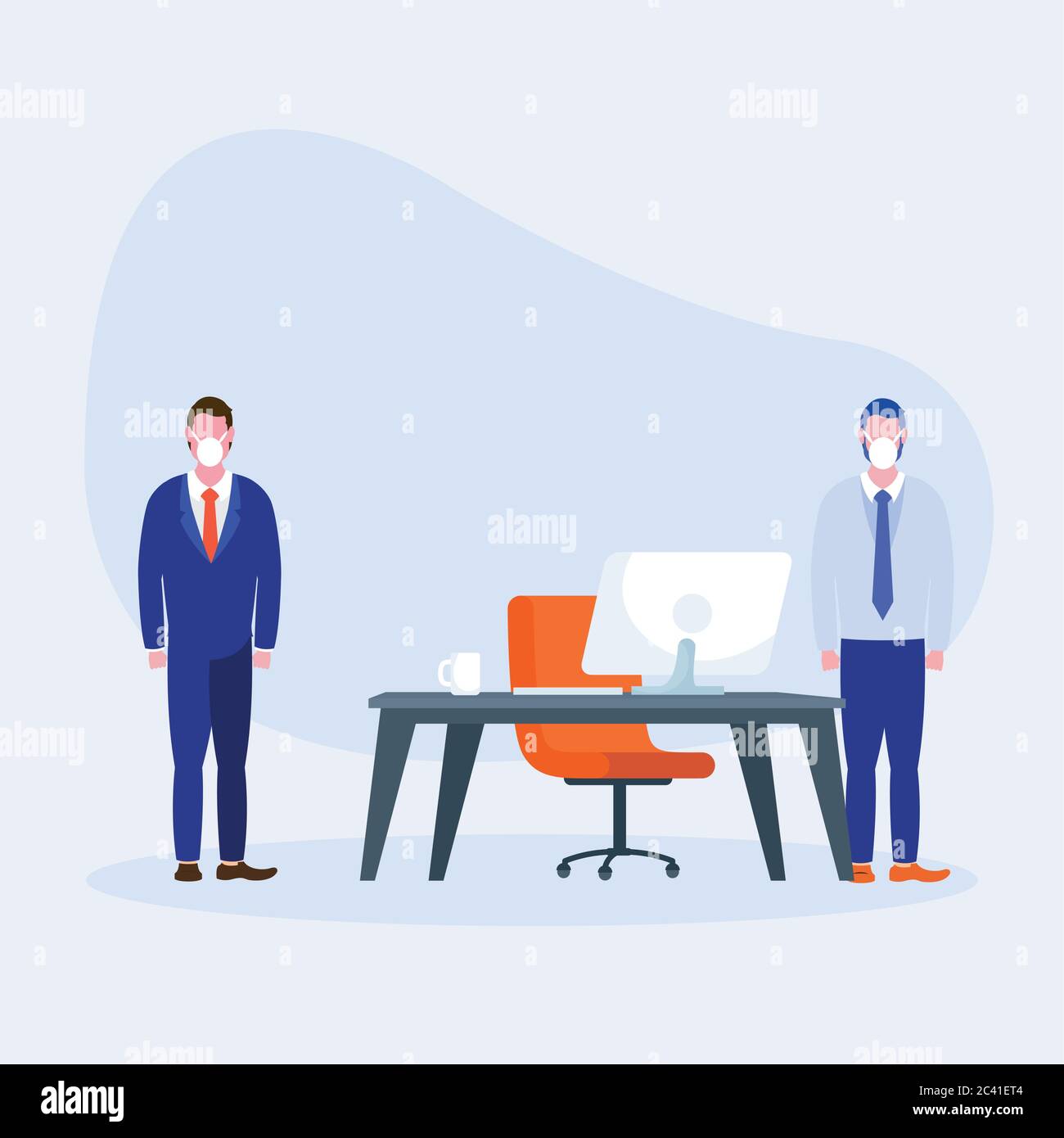 Office distancing between men with masks and desk design of Covid 19 ...