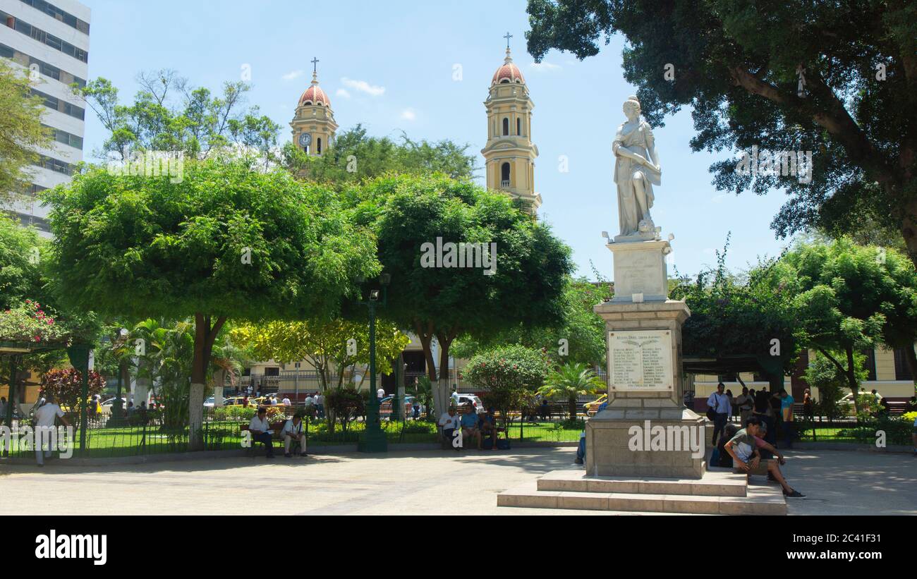 San Miguel de Piura, Piura / Peru - April 5 2019: View of the Plaza de Armas with the Cathedral of Piura in the background in the center of the city Stock Photo
