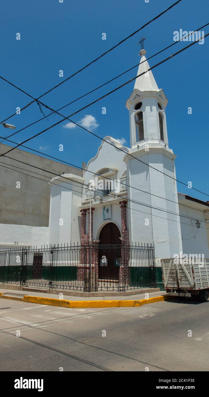 San Miguel de Piura, Piura / Peru - April 5 2019: View of the Church of San Francisco of Piura, an old cloister built on the ancient Florida street. D Stock Photo