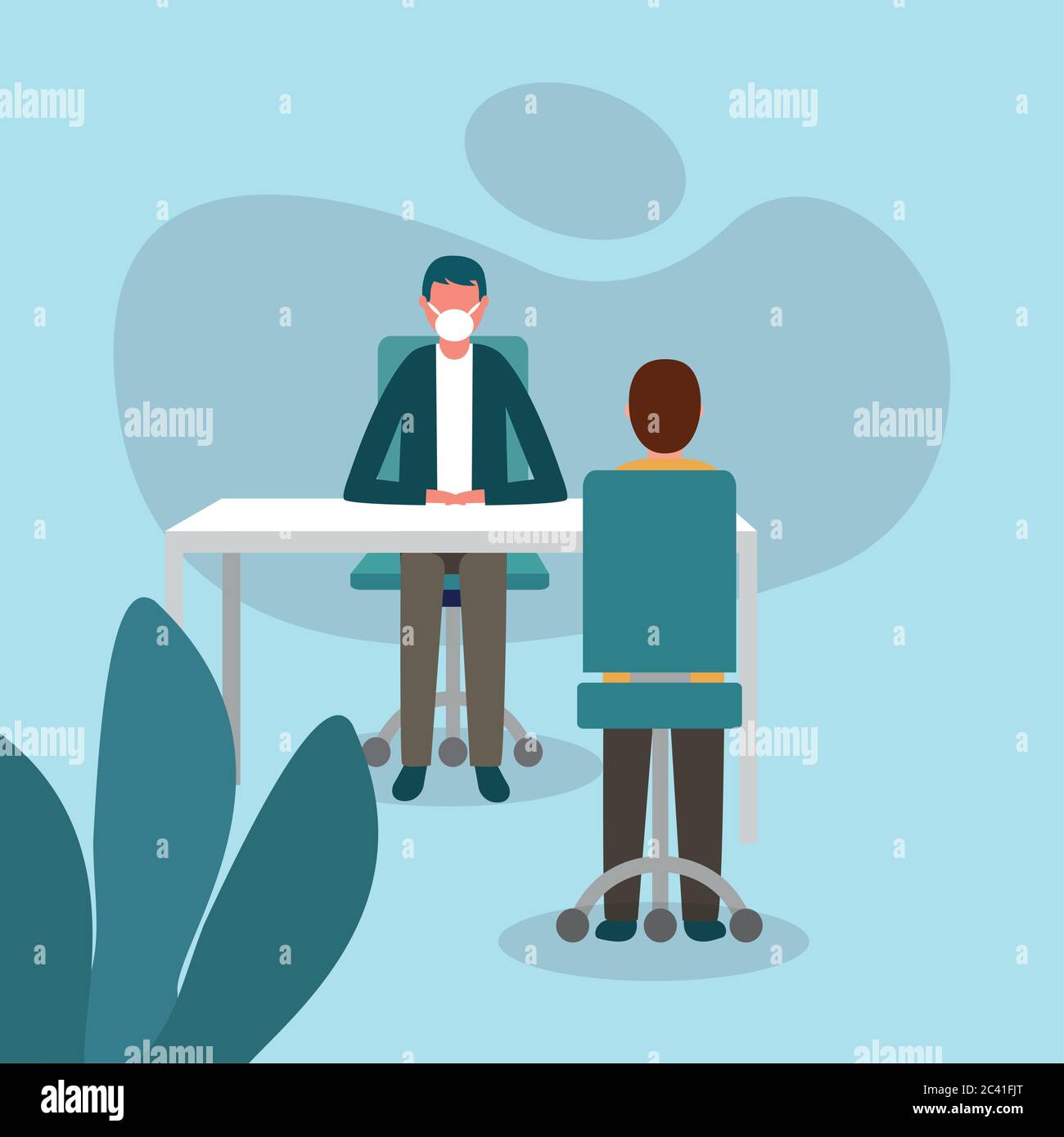 Office distancing between men with mask on desk design of Covid 19 ...