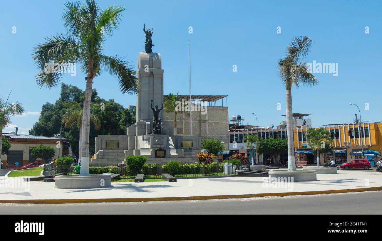 San Miguel de Piura, Piura / Peru - April 5 2019: View of the monument to the hero Miguel Grau in the center of the city Stock Photo