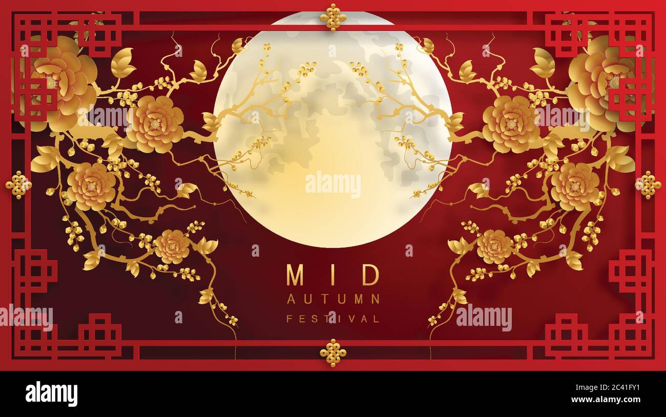 Mid Autumn festival or Moon festival with rabbit and moon, mooncake ,flower,chinese lanterns with gold paper cut style on color Background. Stock Vector