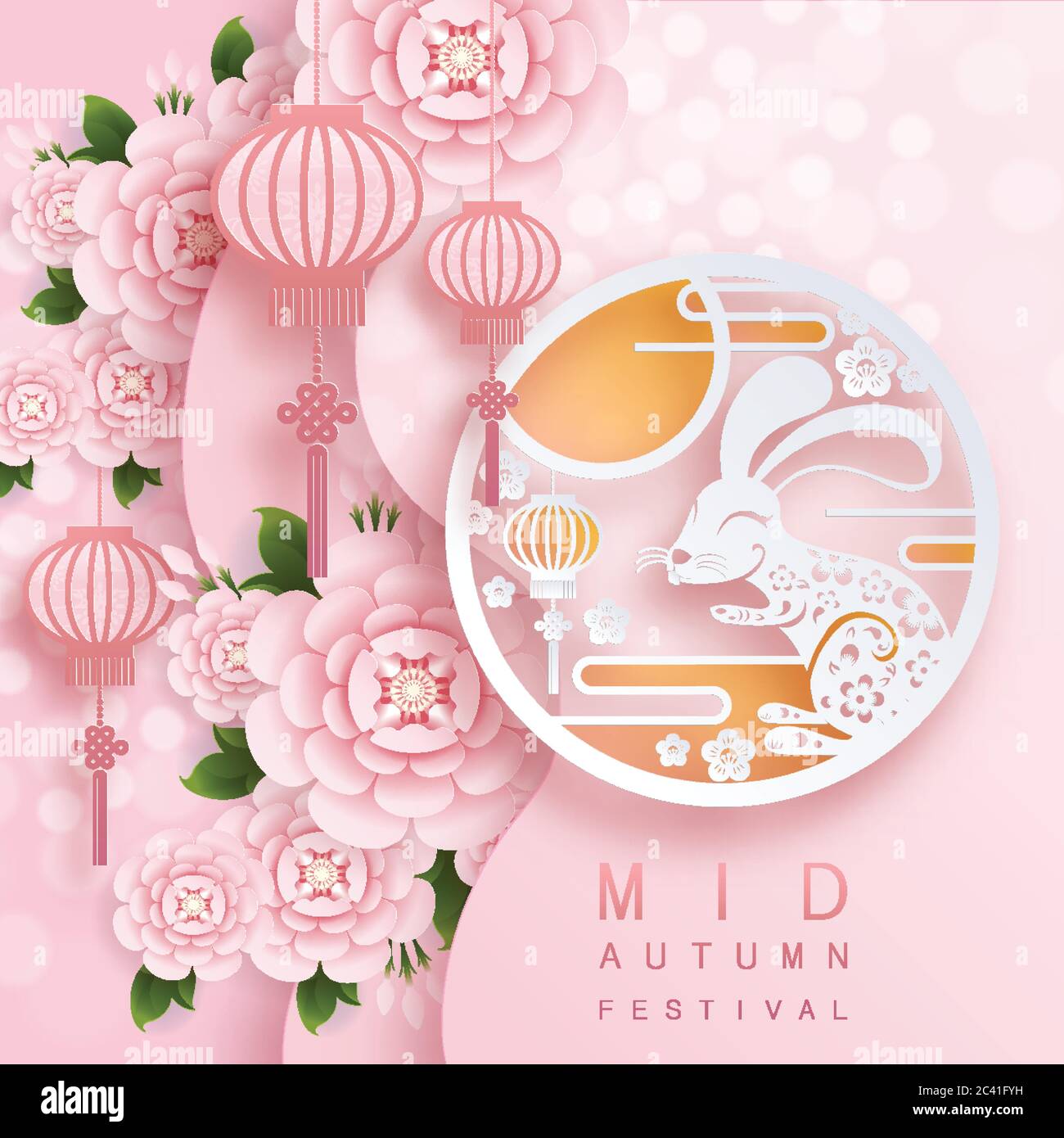 Mid Autumn festival or Moon festival with rabbit and moon, mooncake ,flower,chinese lanterns with gold paper cut style on color Background. Stock Vector