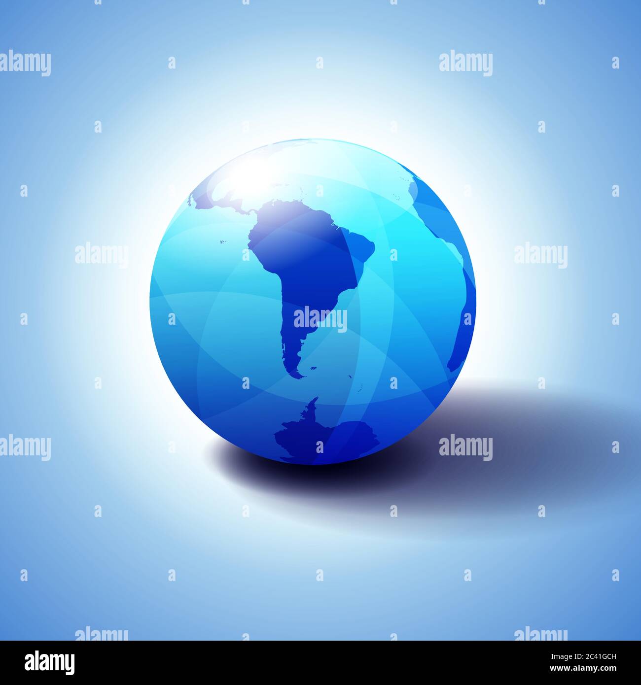 South America and part of the South Pole Background with Globe Icon 3D illustration, Glossy, Shiny Sphere with Global Map in Subtle Blues giving a tra Stock Vector