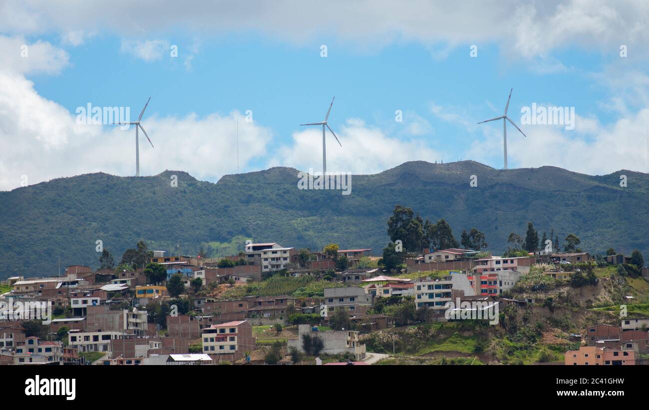 Panoramic view of the city of Loja in Ecuador with wind turbines on the horizon Stock Photo