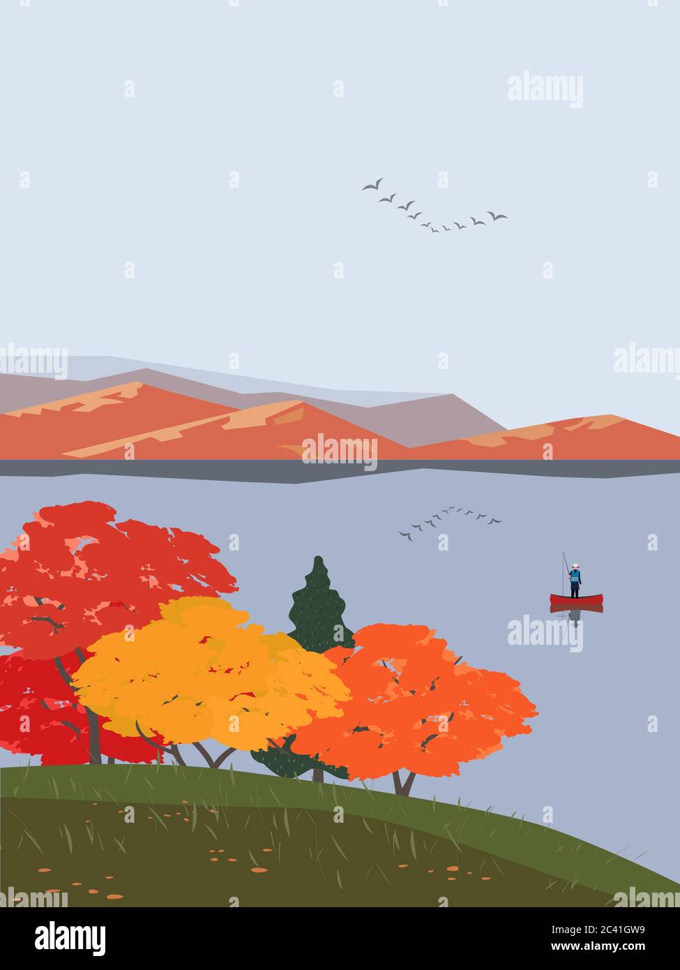 Autumn mountains lake landscape flat vector Stock Vector