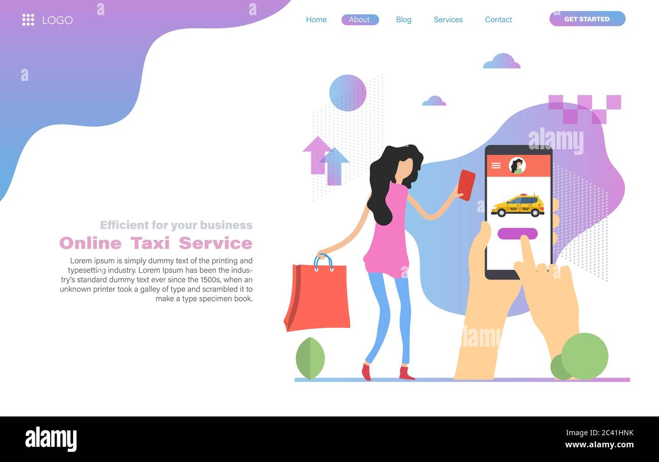Vector web header template of pretty woman call a taxi by phone Stock Vector
