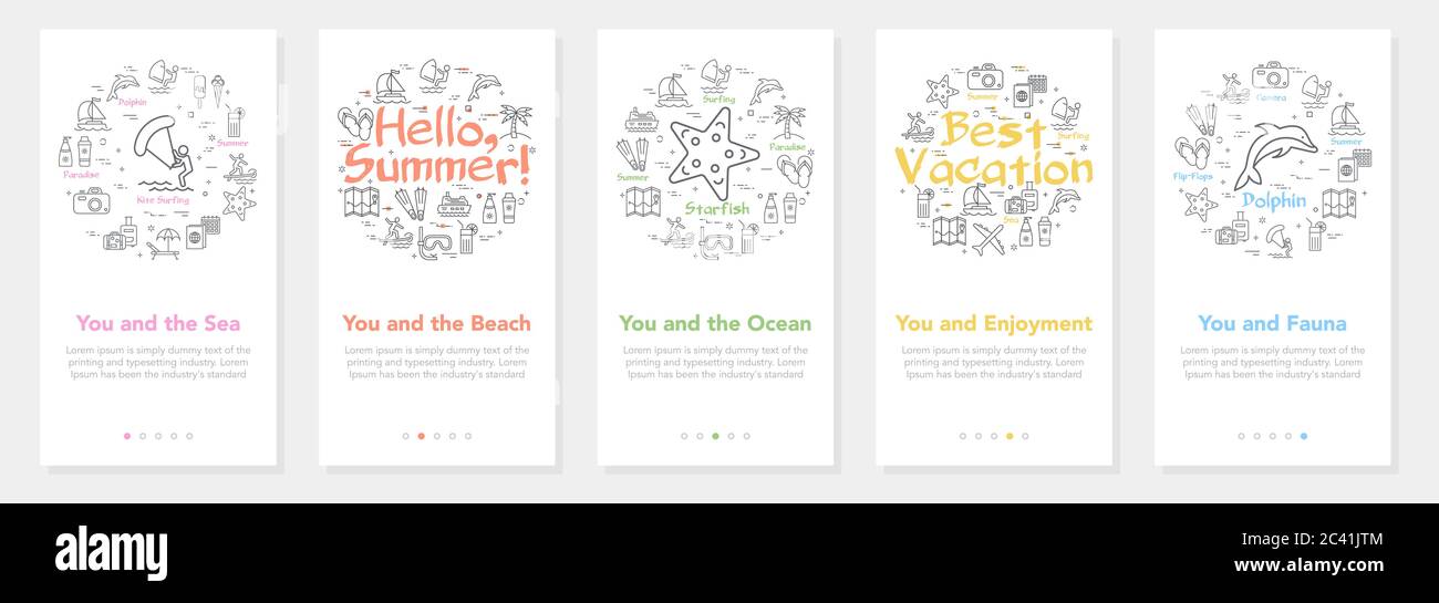 Vertical vector summer five banners - hello summer and best vacation Stock Vector