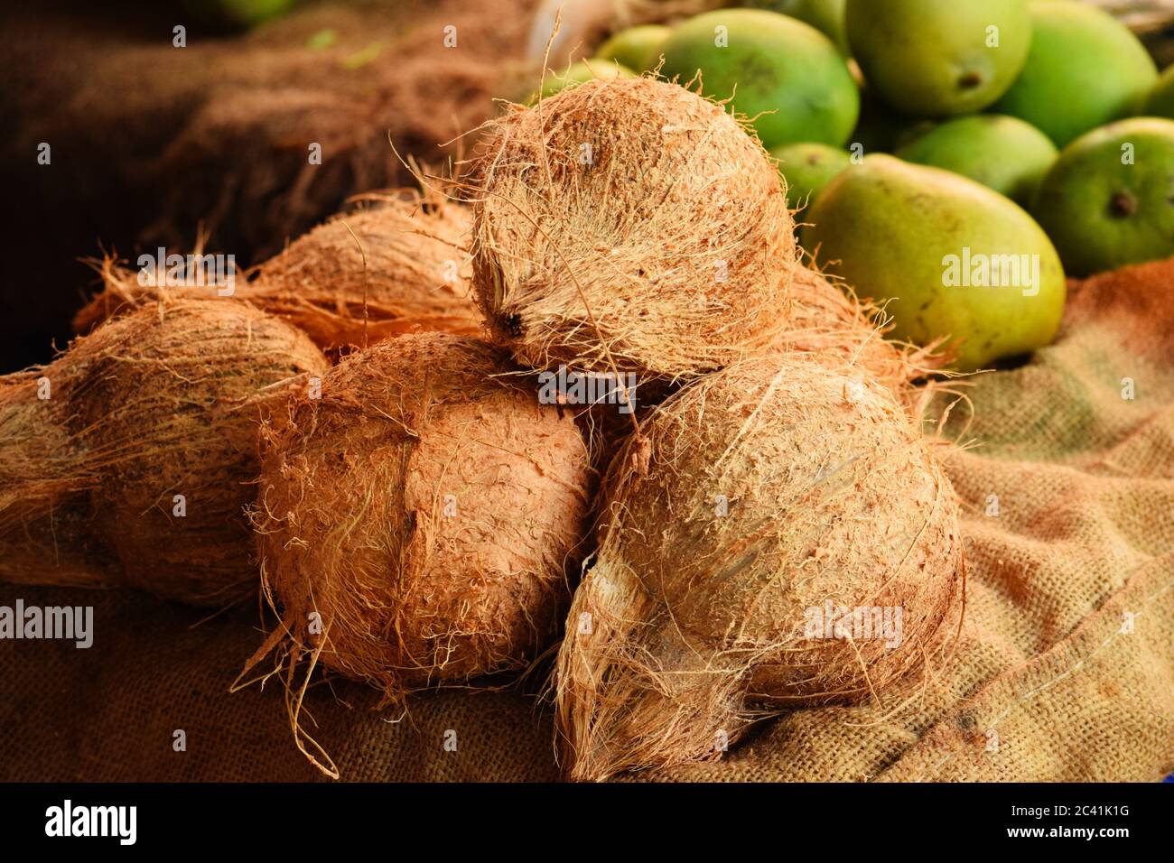 pile of coconuts in the market, coconuts ready for sales Stock Photo