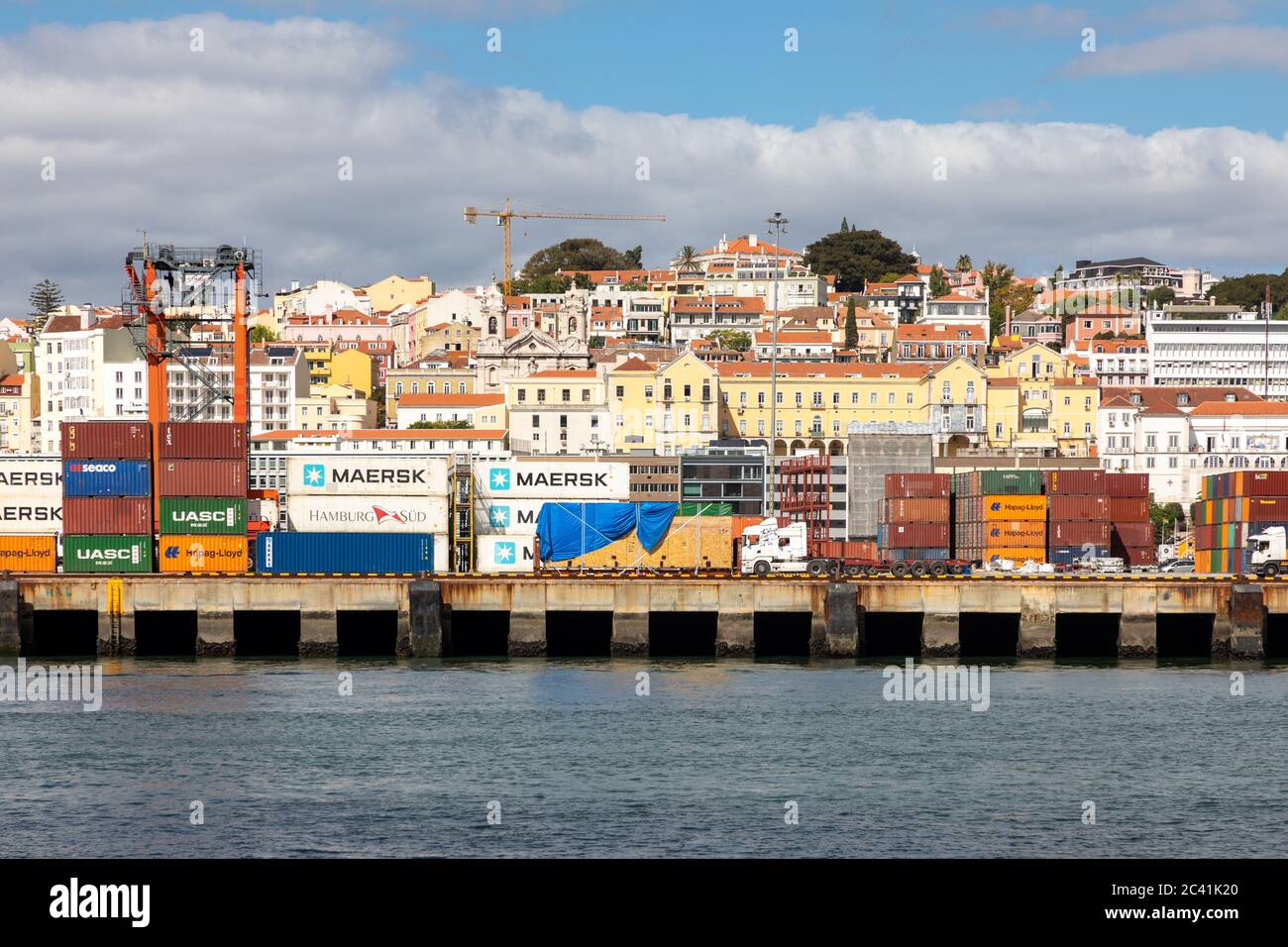 Marine shipping cargo terminal at Tagus River port in Lisbon, Portugal ...