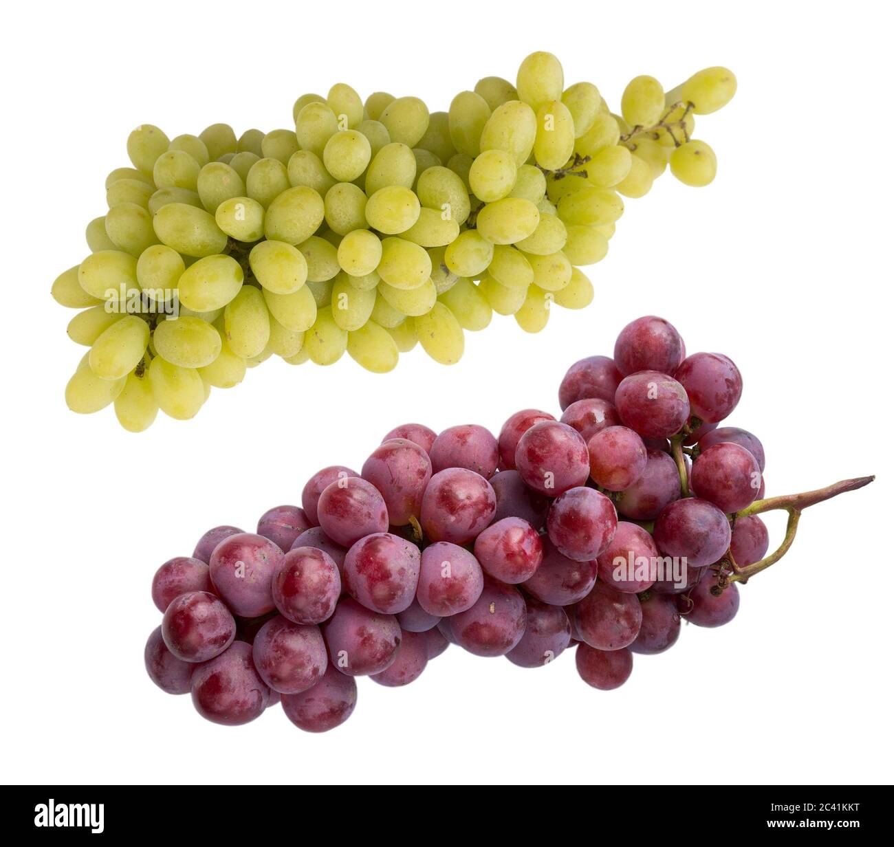 Pink and green grapes isolated on white background. Top view. Bunch of