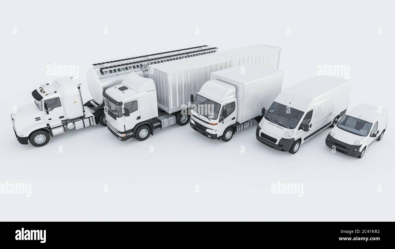 White Delivery Vans and Trucks in a Row on White Background 3D Rendering  Stock Photo - Alamy