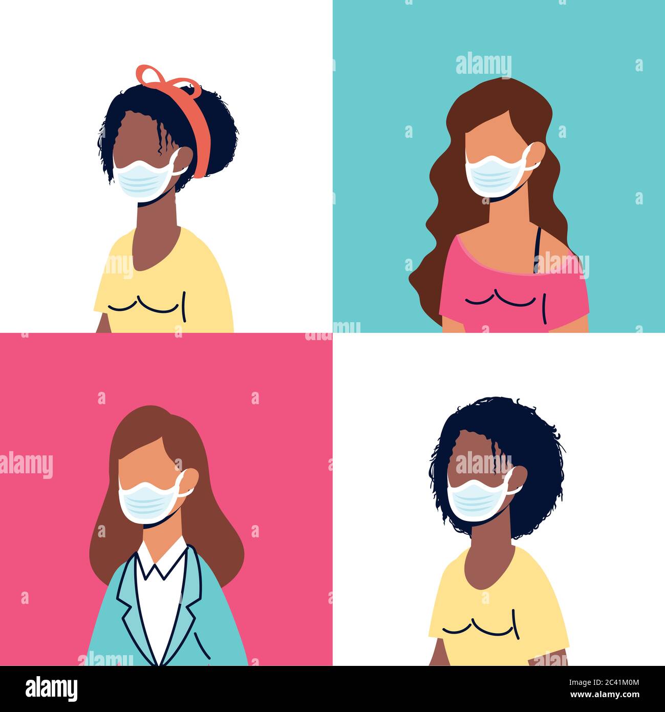 group of diversity women wearing medical masks characters vector ...