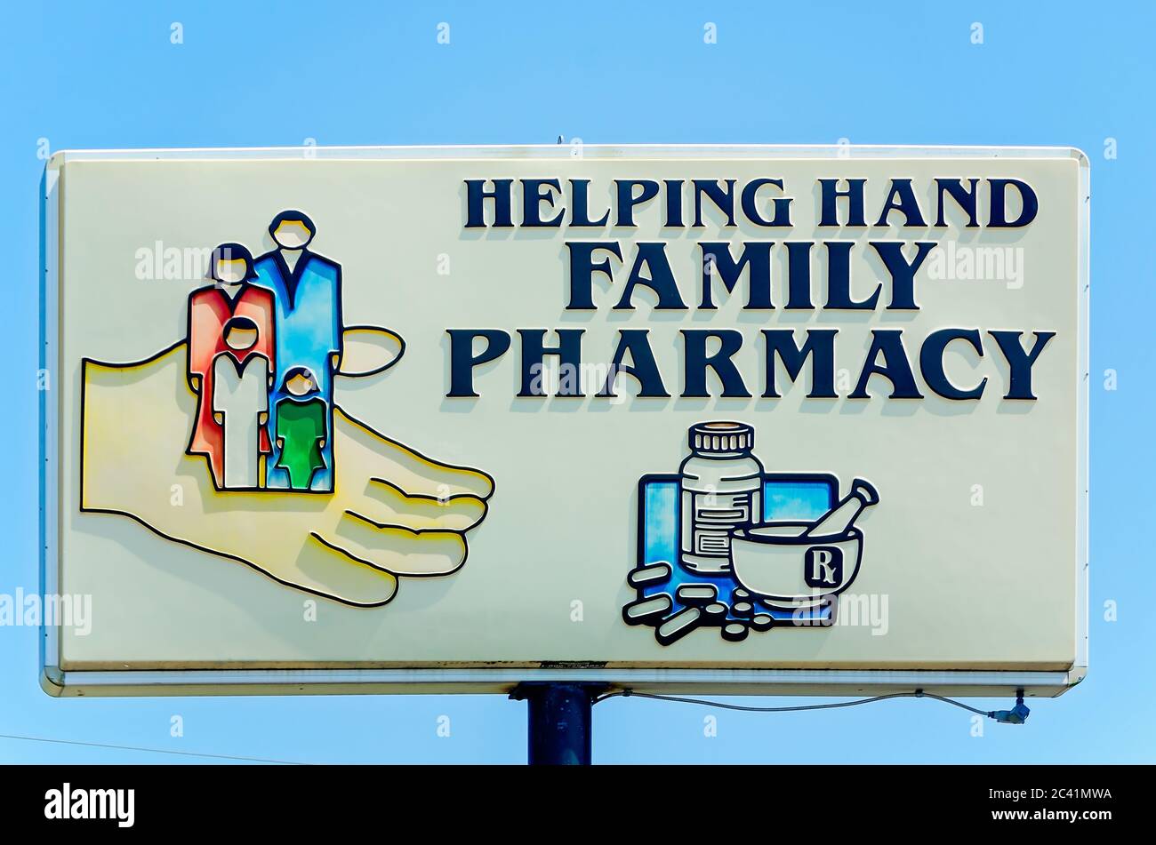 The Helping Hand Family Pharmacy sign is pictured, July 26, 2019, in Vicksburg, Mississippi. Stock Photo