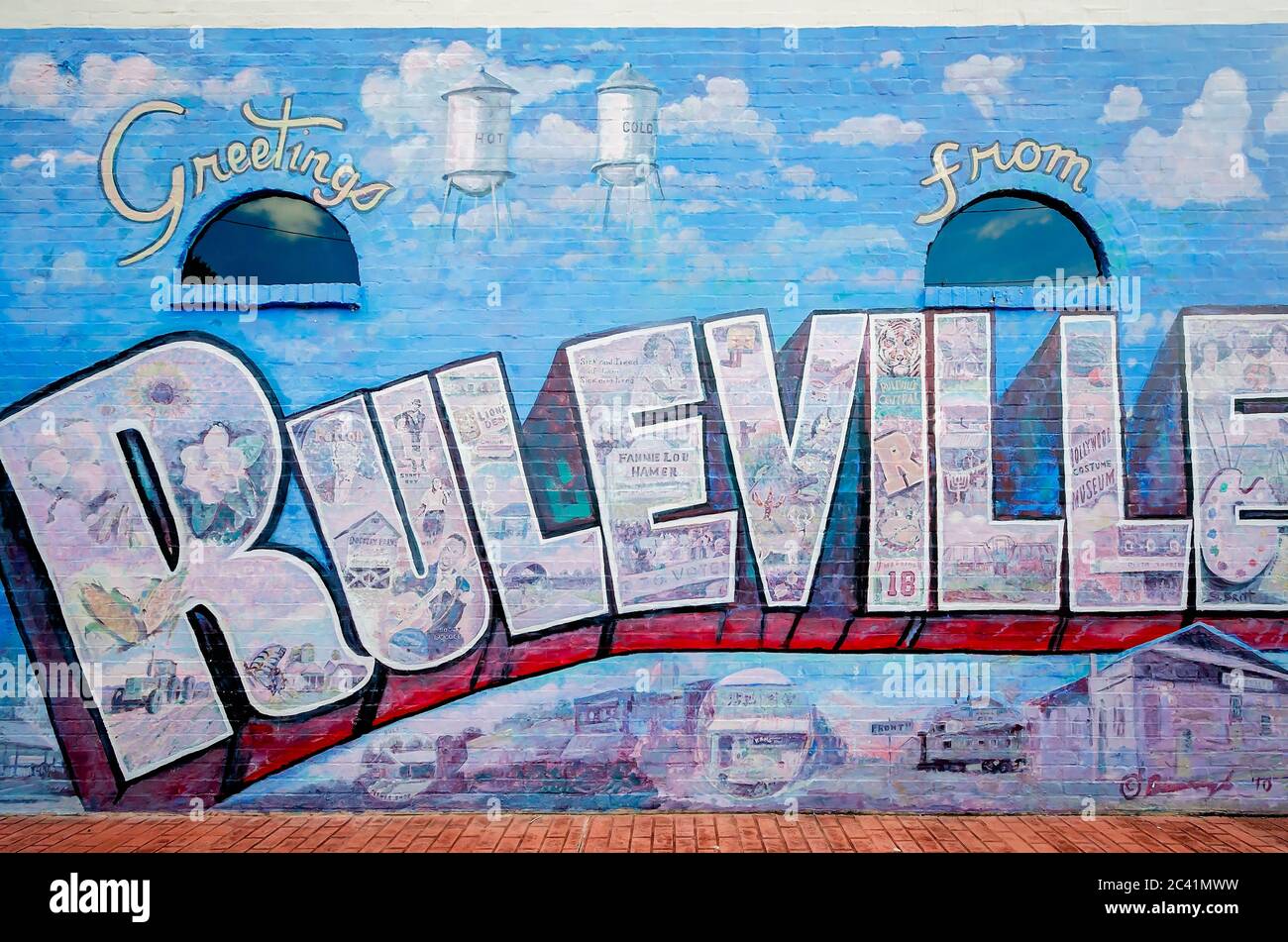 A mural features famous events and scenery from the history of Ruleville, Aug. 10, 2016, in