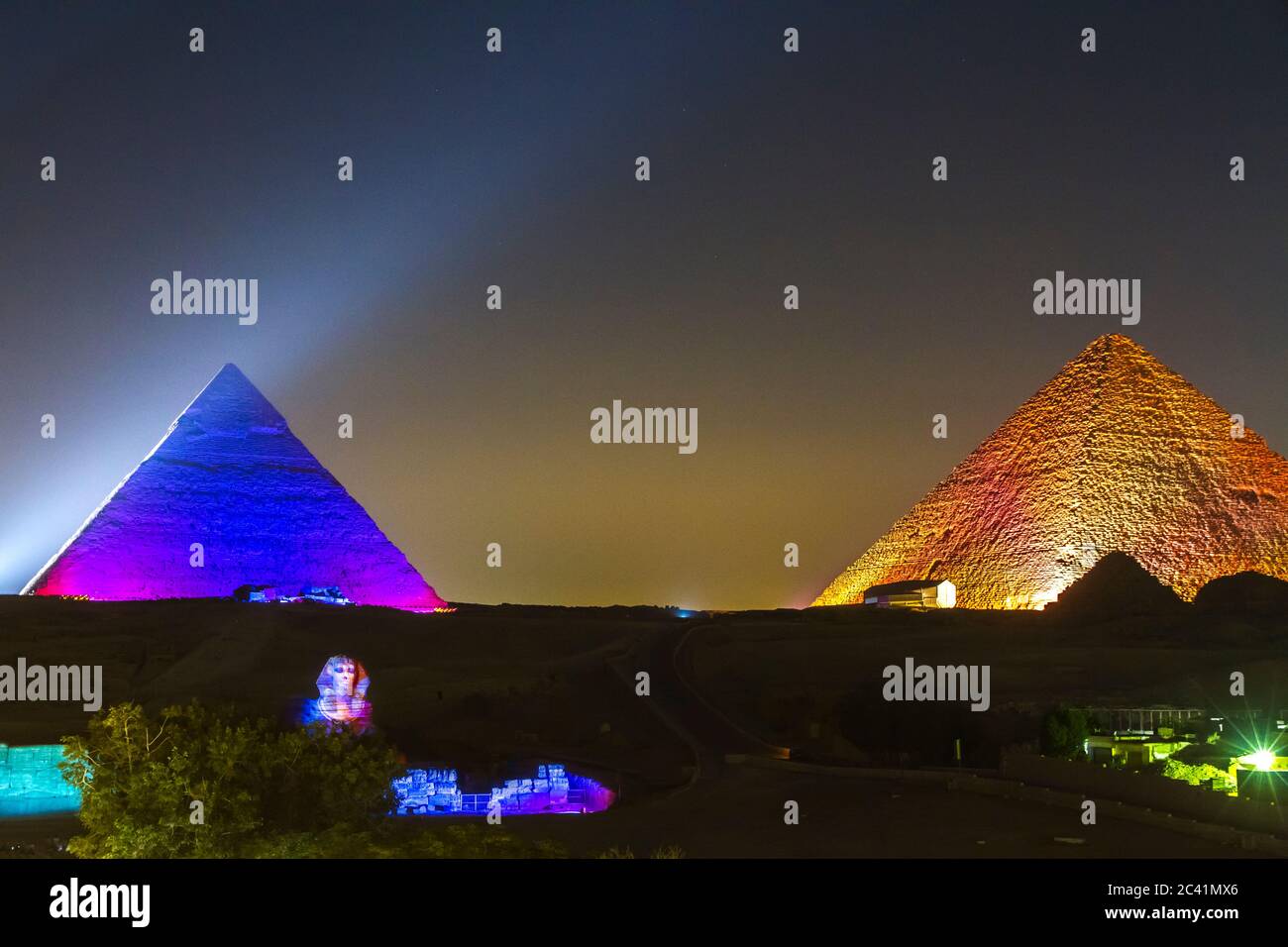 Pyramid of Giza illuminated night, UNESCO World Heritage site, Cairo, Egypt Stock Photo -