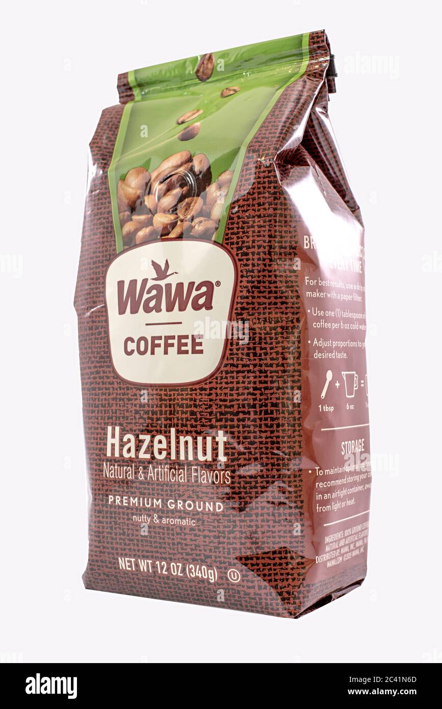 Wawa hazelnut coffee bag closeup on a solid white background for easy