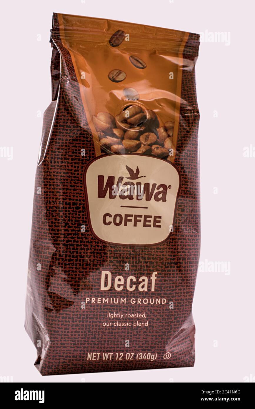 Wawa decaf coffee bag closeup on a solid white background for easy
