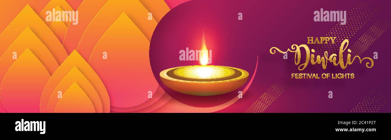 Diwali, Deepavali or Dipavali the festival of lights india with gold diya patterned and crystals on paper color Background. Stock Vector